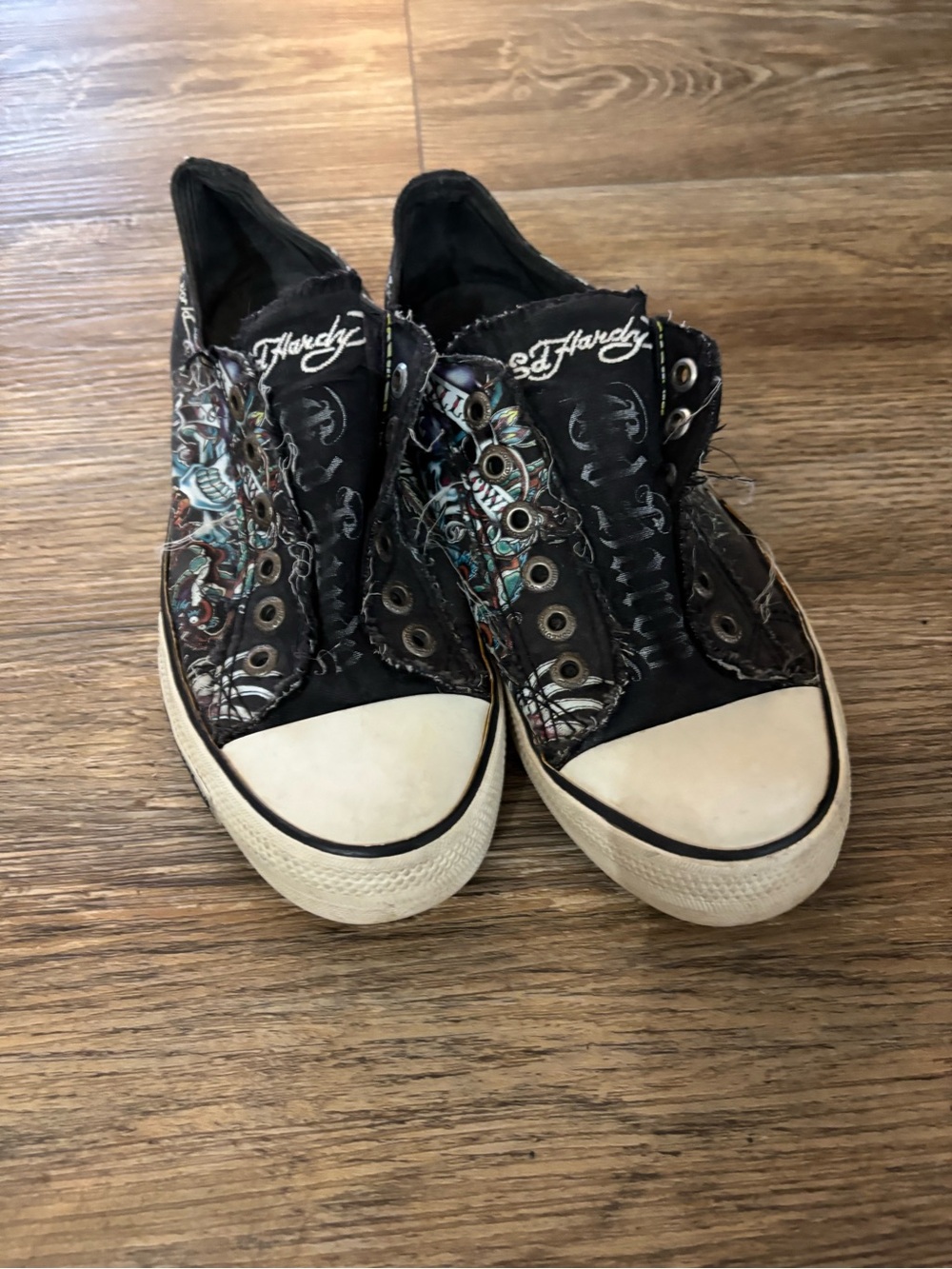 Ed Hardy Black Canvas Slip-On Sneakers with Multicolor Tattoo Print